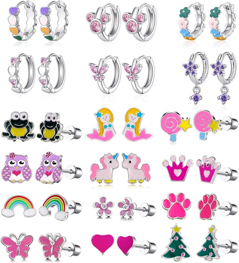SYNLIN 15 Pairs Stud Earrings Set :12 Pairs Unique Cartoon Flat Back Earrings & 3 Pairs Mini Hoops with Stainless Steel Posts and Screwback Earring - Image 1
